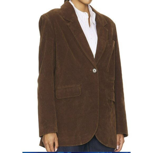 New $198 Free People Paper Cut Faux Suede Vegan Brown Boyfriend Blazer Size M - Picture 2 of 11